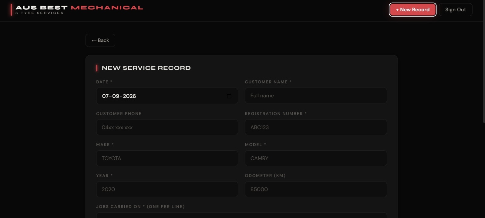 Create a new service record with full vehicle and job details